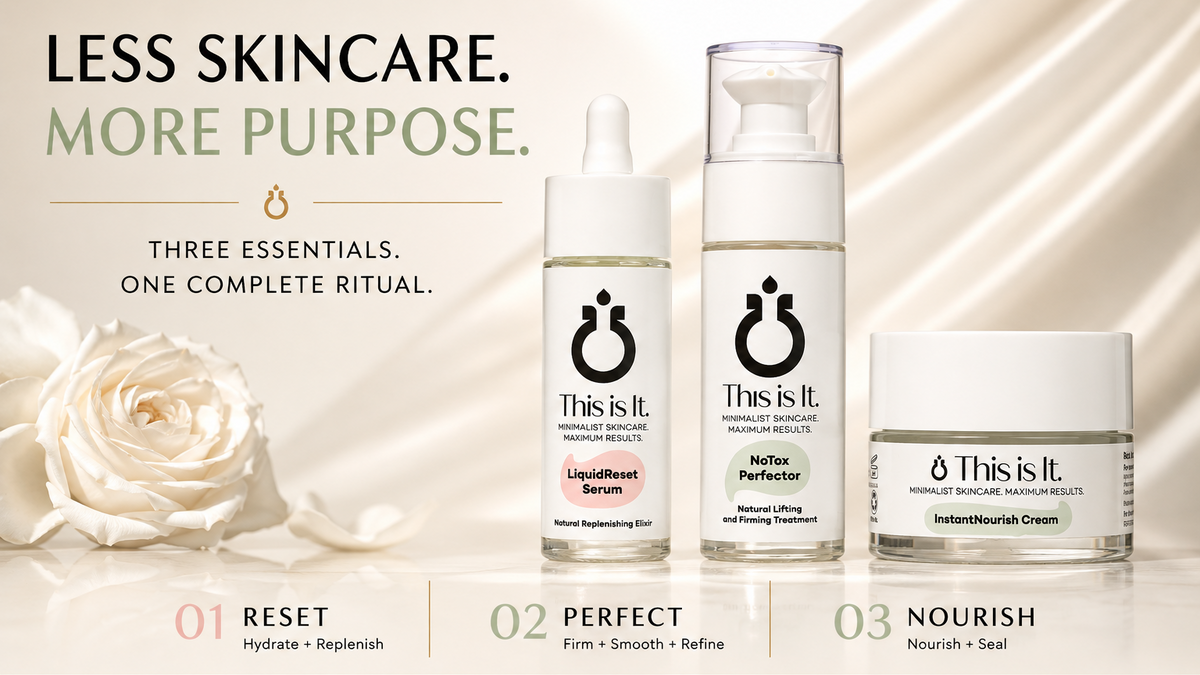 Three skincare products from This It. are displayed on a warm beige background with elegant text and a white rose.