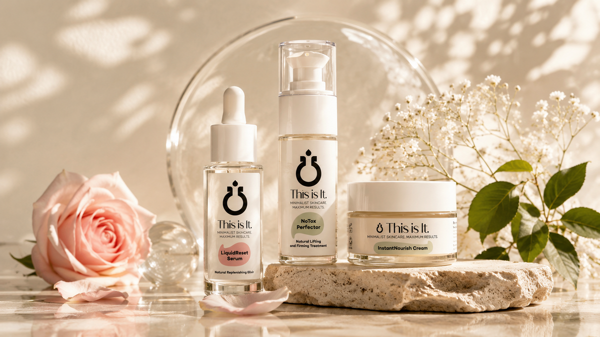 Three skincare products from This is it. are arranged on a stone slab with a pink rose, baby's breath flowers, and green leaves against a warm beige background with leaf shadows.