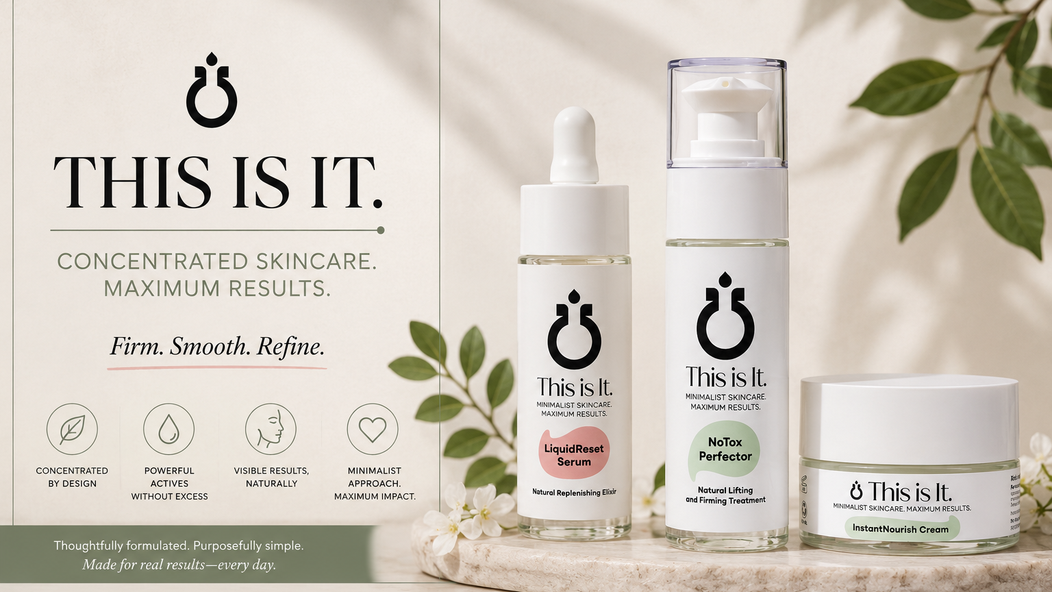 A skincare product lineup from 'This Is It.' on a styled beige background with decorative leaves.