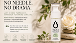 NoTox Perfector facial treatment bottle displayed on a styled beige background with a white rose, green leaves, and decorative text promoting a needle-free skincare approach.