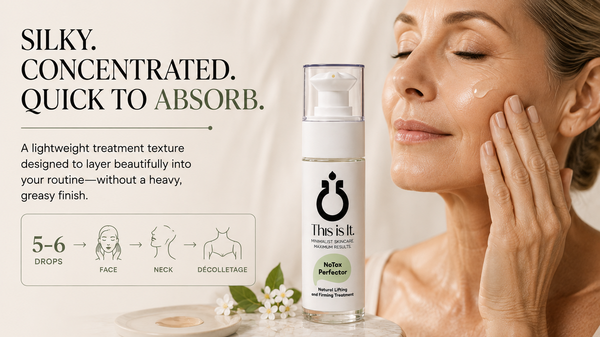 A skincare ad showing a bottle of 'This is it' Neck Fermentor serum next to a woman applying cream to her face. The ad includes text highlighting the product's silky, concentrated texture and a feature diagram showing droplet absorption on the face, neck, and décolletage.