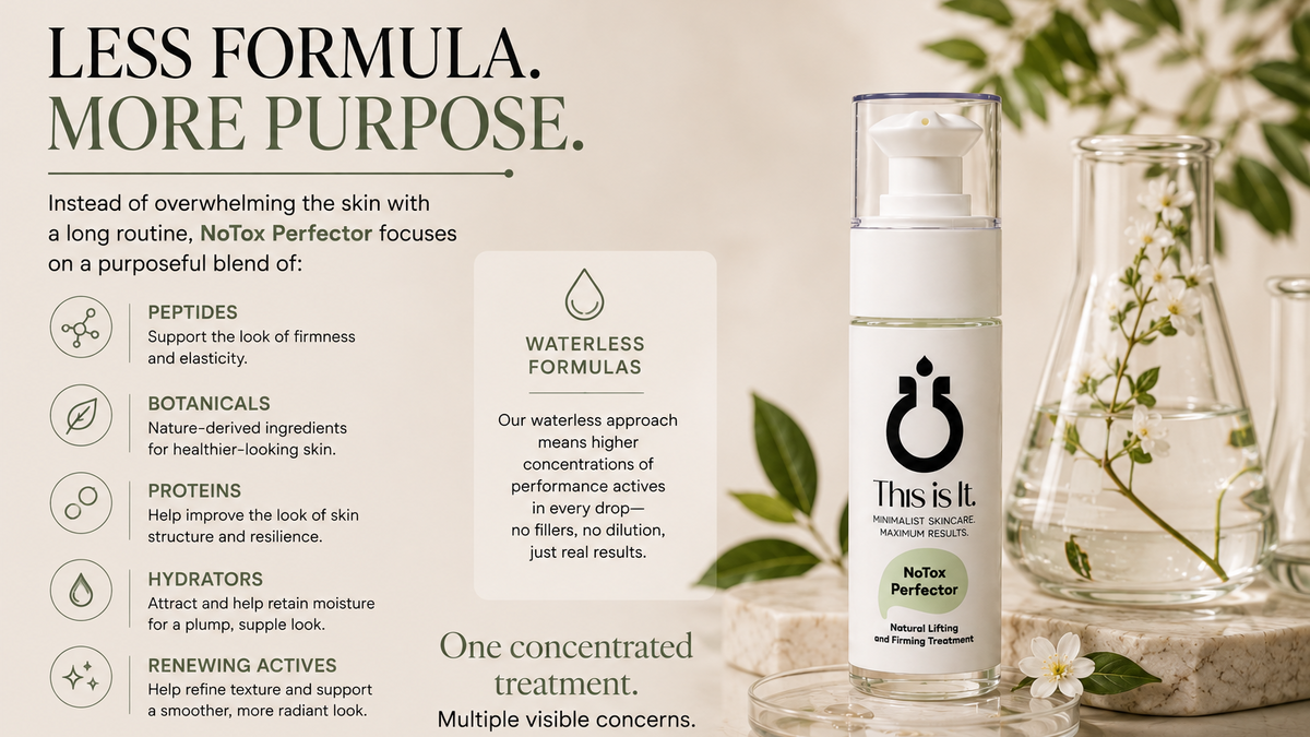 NoTox Perfector waterless treatment bottle and glass bottle on a beige background with botanical illustrations and informational text panels.