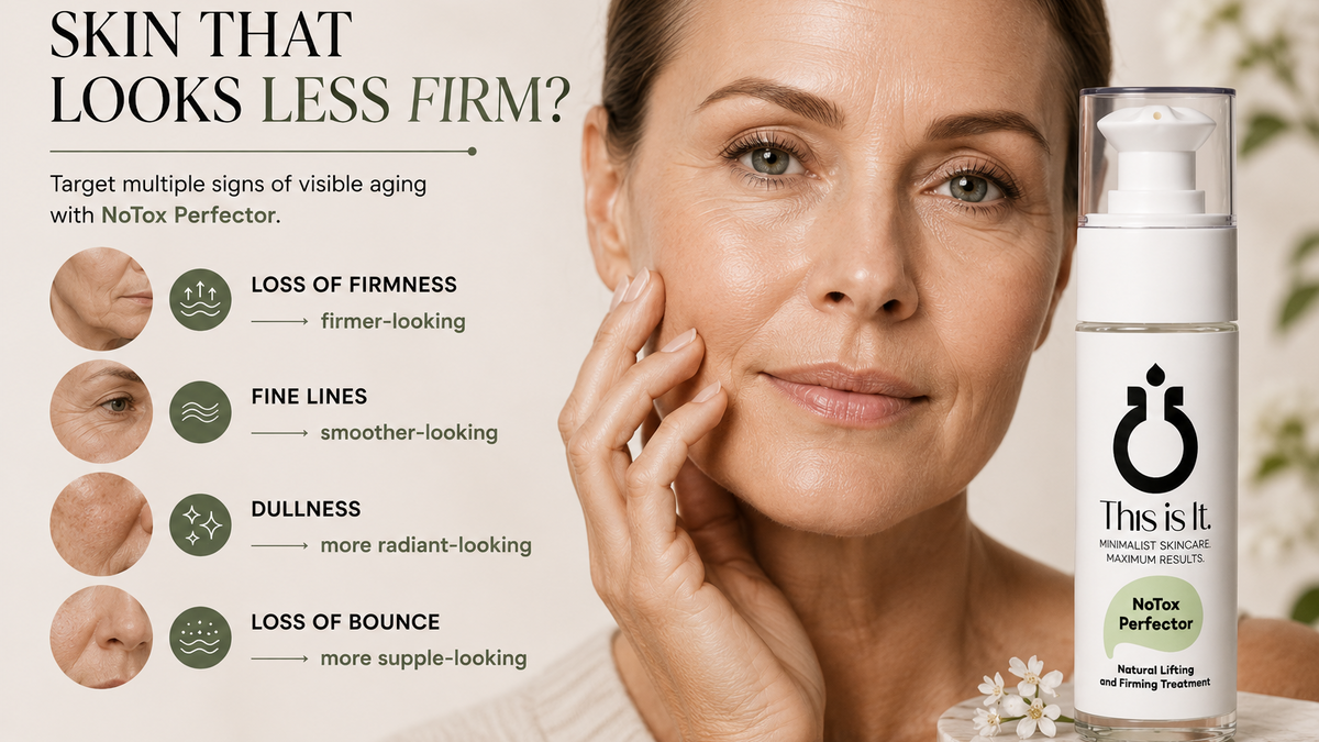A skincare ad showing a woman touching her face beside a bottle labeled 'This is it. Skin That Looks Less Firm?' with text about visible aging signs and before/after-style skin results.
