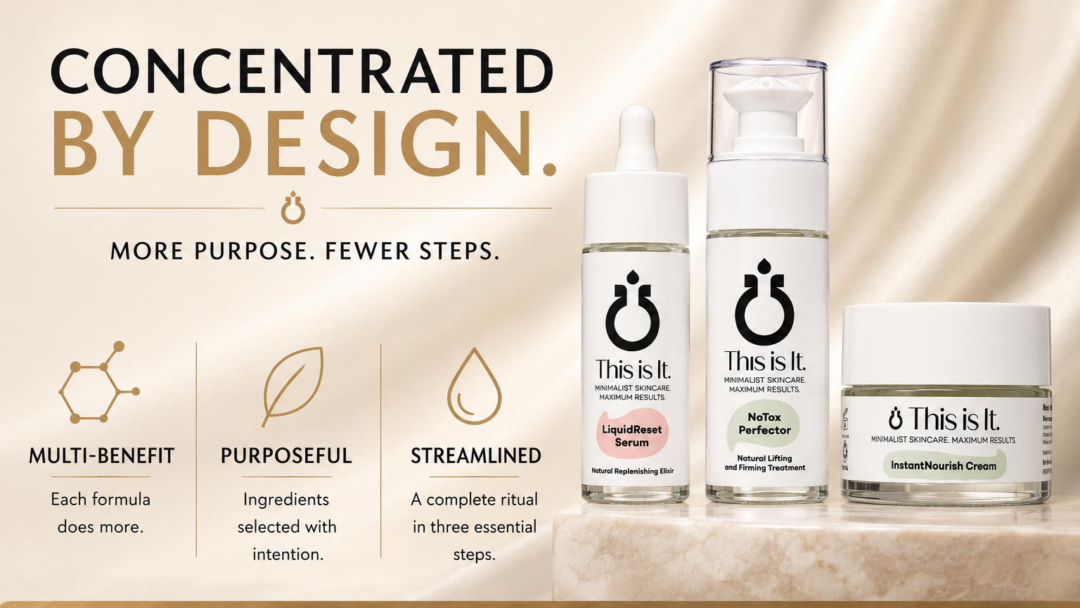 Three skincare products from This It. are displayed on a beige marble surface with a soft beige background.