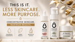 Four skincare products from This Is It. are displayed on a warm beige background with gold decorative leaves.