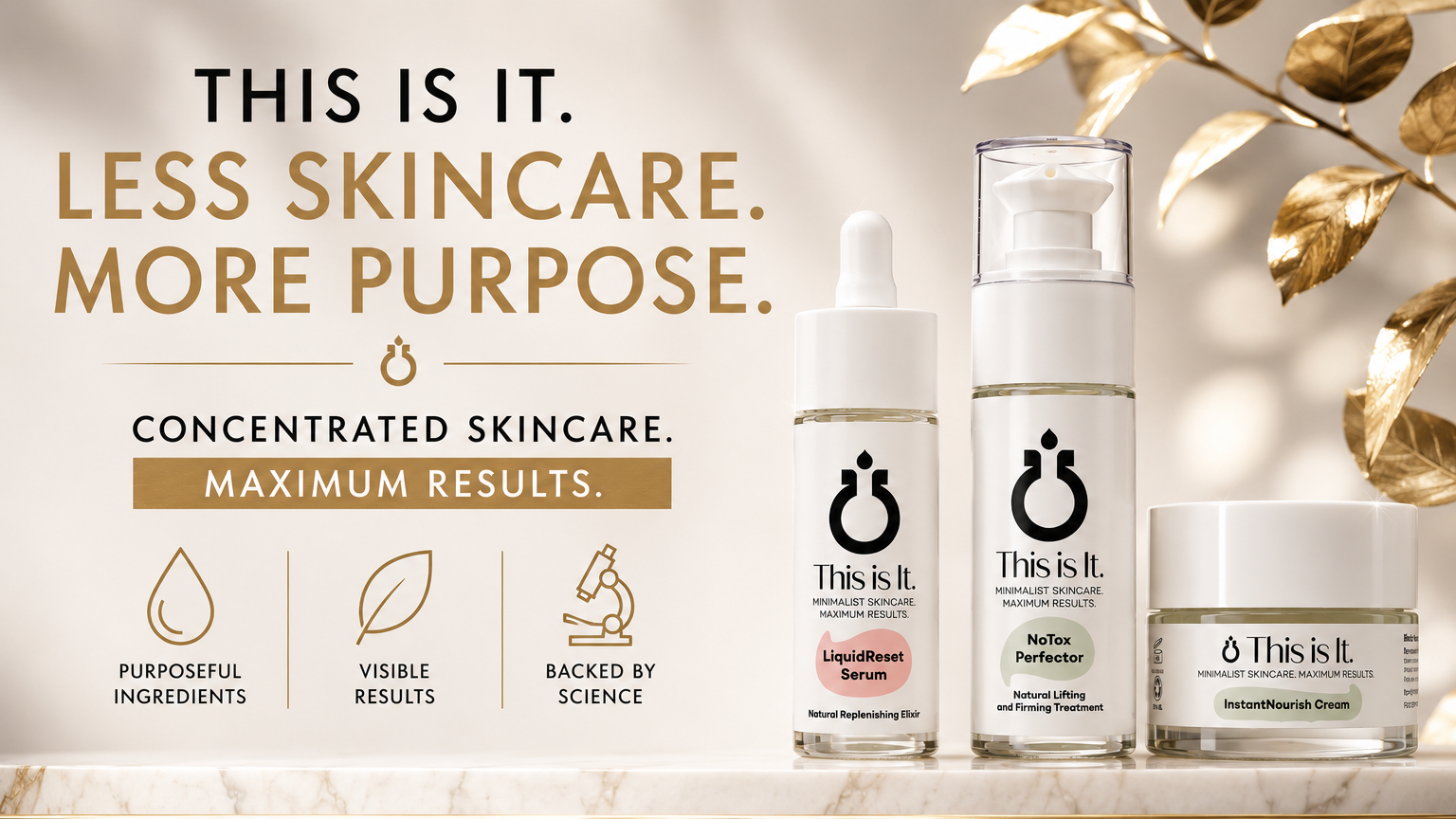 Four skincare products from This Is It. are displayed on a warm beige background with gold decorative leaves.